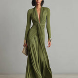 Olive Silk Maxi Dress V-Neck