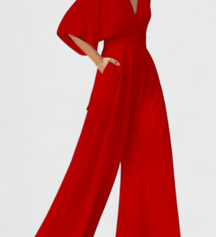 Elegant Long Jumpsuit with Wide Legs and V-Neck
