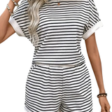 ZENAIDA™ – Striped Print Batwing Sleeve Tee & Shorts Set