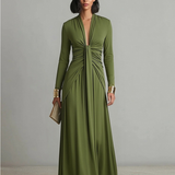 Olive Silk Maxi Dress V-Neck