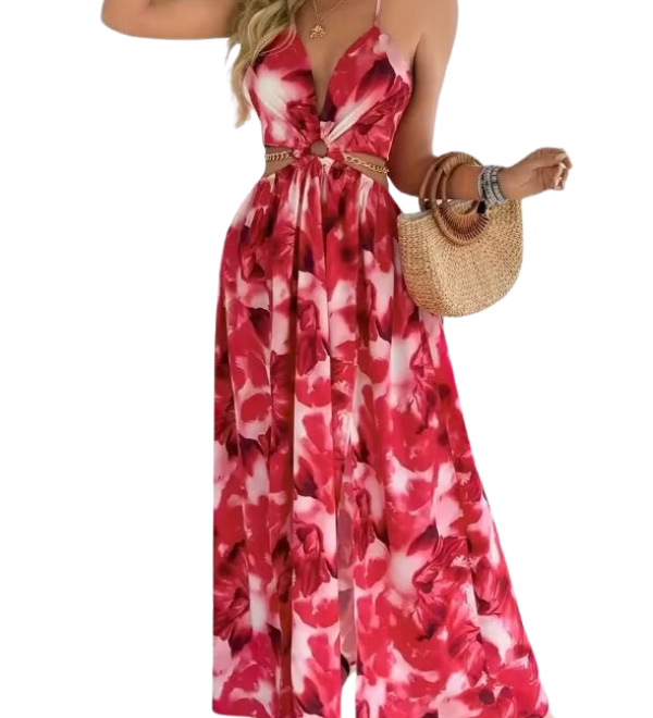 ASHA™ – Floral Print Chain Decor Split Thigh Cami Maxi Dress for Summer