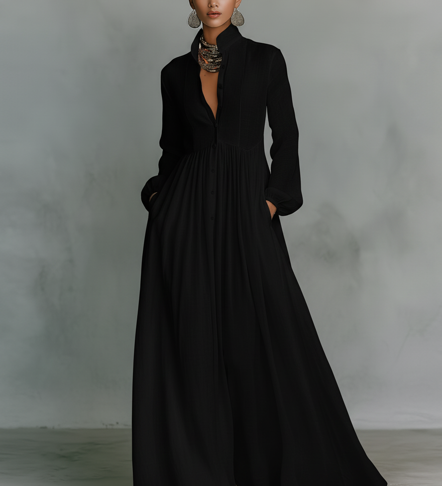 Patchwork Linen Maxi Dress with Stand Collar