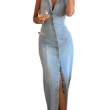 ZALI™ – Deep V Button-Down Vintage Denim Dress