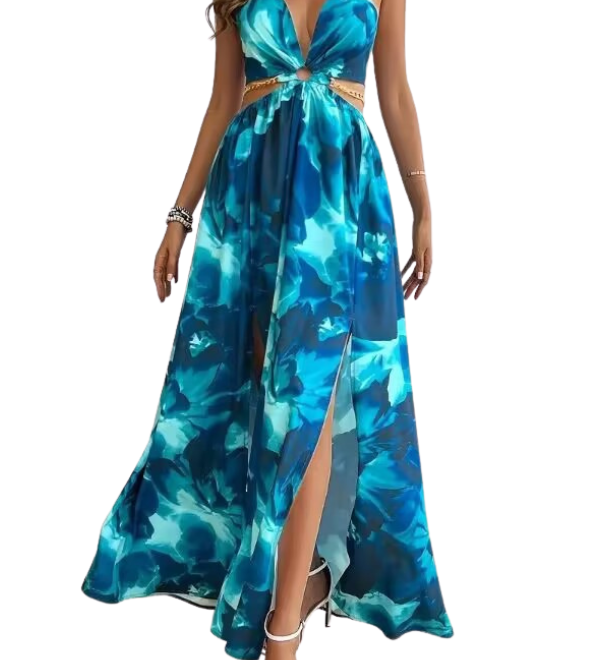 ASHA™ – Floral Print Chain Decor Split Thigh Cami Maxi Dress for Summer