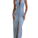 ZALI™ – Deep V Button-Down Vintage Denim Dress