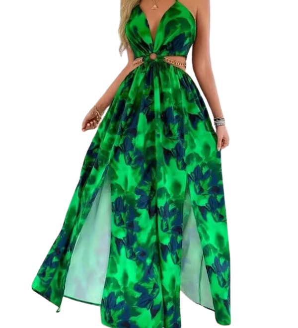 ASHA™ – Floral Print Chain Decor Split Thigh Cami Maxi Dress for Summer