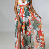 HANNAH™ - Floral Print Cami Dress with Chain Decor and Split Thigh for Beach Holidays