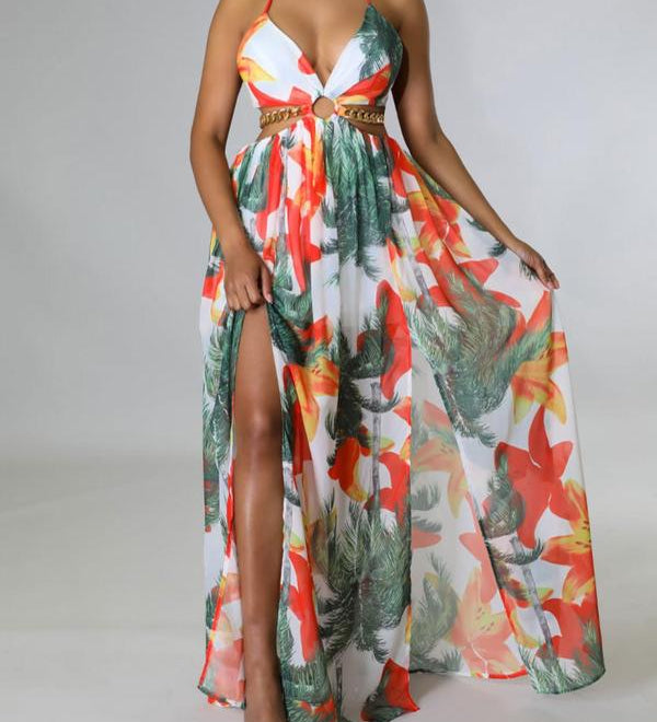 HANNAH™ - Floral Print Cami Dress with Chain Decor and Split Thigh for Beach Holidays