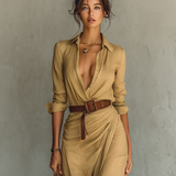 Maxi Dress with Notched Collar and Long Sleeves