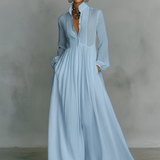 Patchwork Linen Maxi Dress with Stand Collar