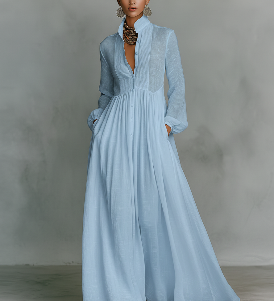 Patchwork Linen Maxi Dress with Stand Collar