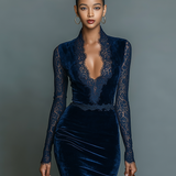 Velvet Midi Dress V-Neck Lace