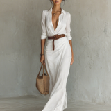 Maxi Dress with Notched Collar and Long Sleeves