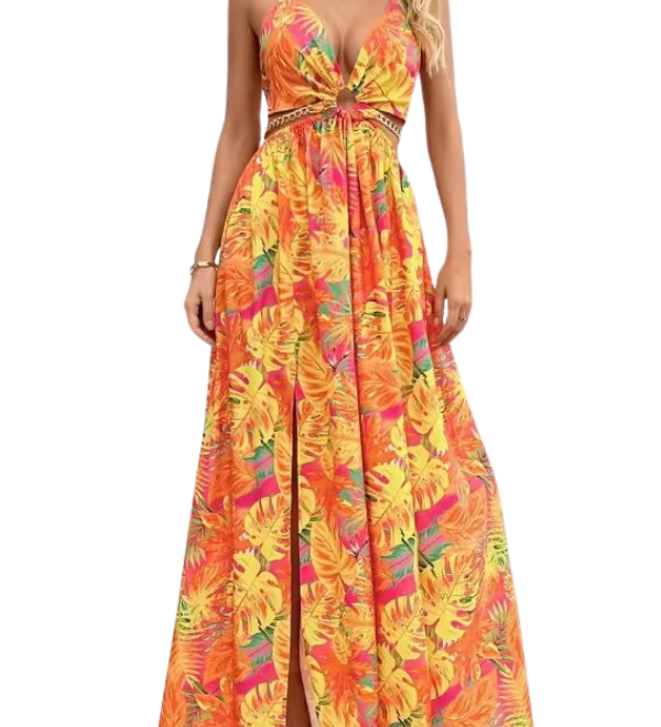 ASHA™ – Floral Print Chain Decor Split Thigh Cami Maxi Dress for Summer