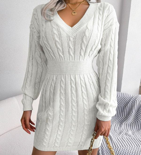 HOLLY™ - Cozy Long Sleeve V-Neck Cable Knit Sweater Dress
