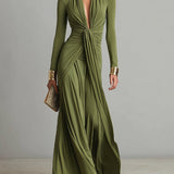 Olive Silk Maxi Dress V-Neck