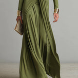 Olive Silk Maxi Dress V-Neck