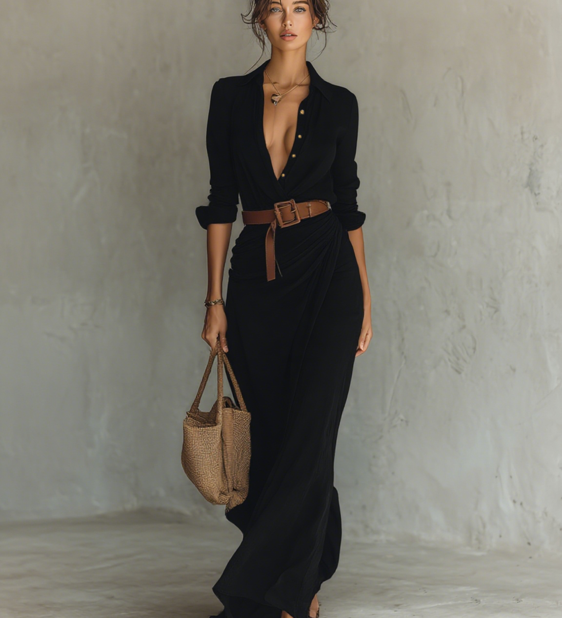 Maxi Dress with Notched Collar and Long Sleeves