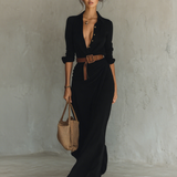 Maxi Dress with Notched Collar and Long Sleeves