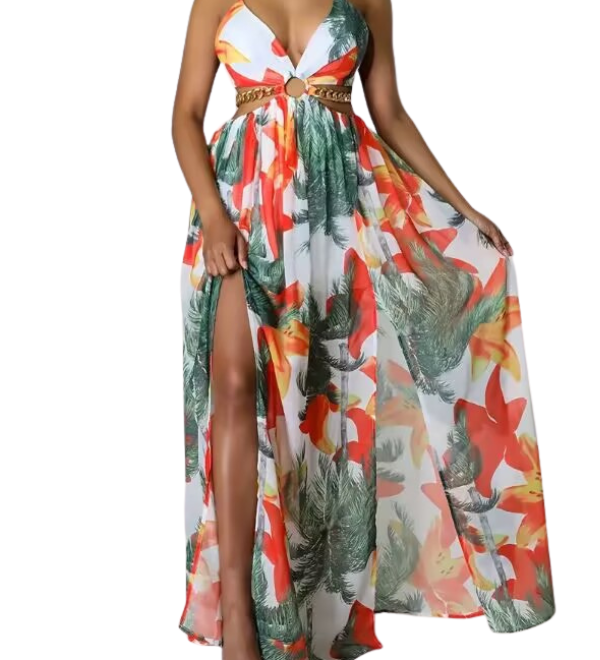 ASHA™ – Floral Print Chain Decor Split Thigh Cami Maxi Dress for Summer