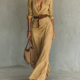 Maxi Dress with Notched Collar and Long Sleeves