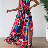 HANNAH™ - Floral Print Cami Dress with Chain Decor and Split Thigh for Beach Holidays