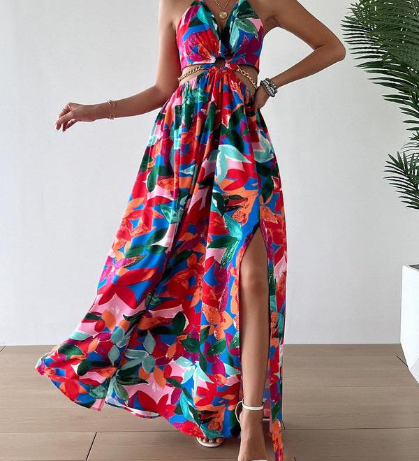 HANNAH™ - Floral Print Cami Dress with Chain Decor and Split Thigh for Beach Holidays