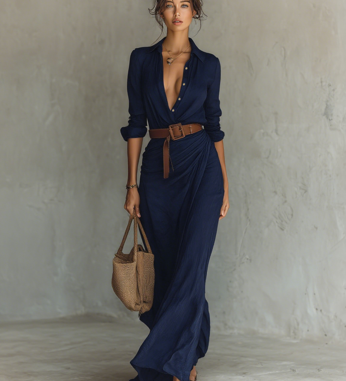 Maxi Dress with Notched Collar and Long Sleeves