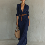 Maxi Dress with Notched Collar and Long Sleeves