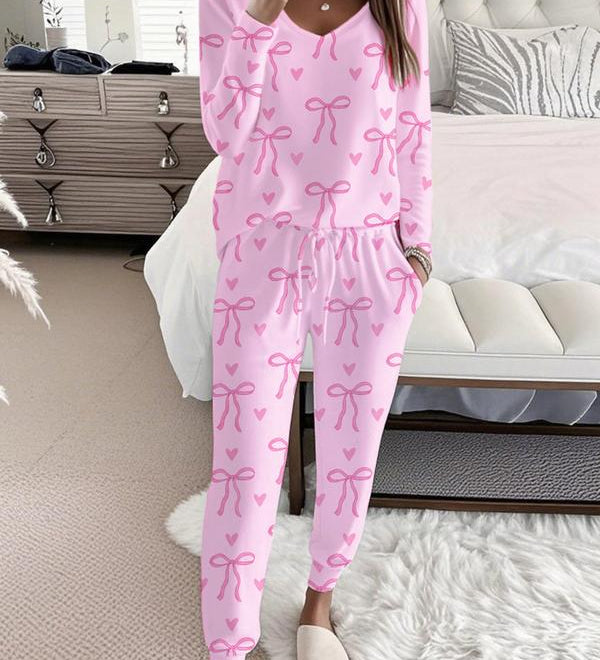 HALLIE™ - Bow Print V-Neck Long Sleeve Top & Tie Waist Pants Set