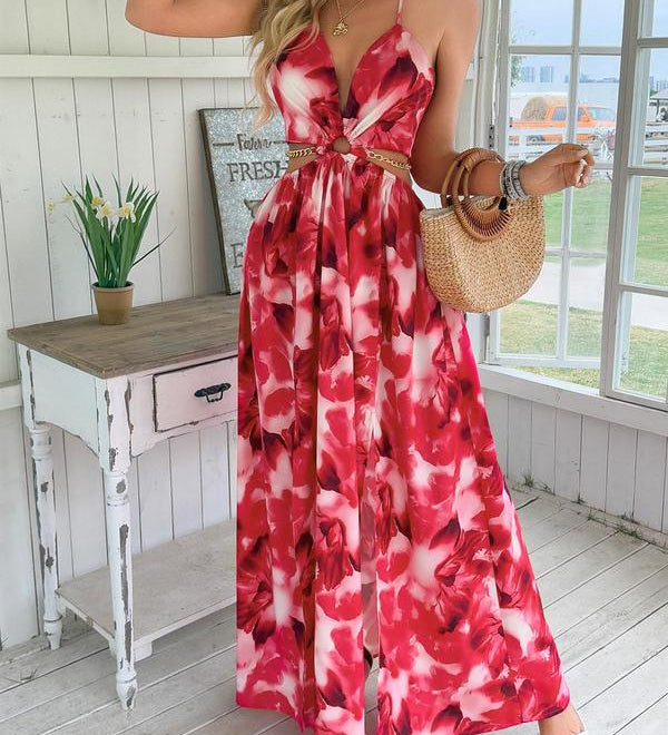 HANNAH™ - Floral Print Cami Dress with Chain Decor and Split Thigh for Beach Holidays