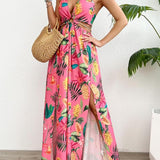HANNAH™ - Floral Print Cami Dress with Chain Decor and Split Thigh for Beach Holidays