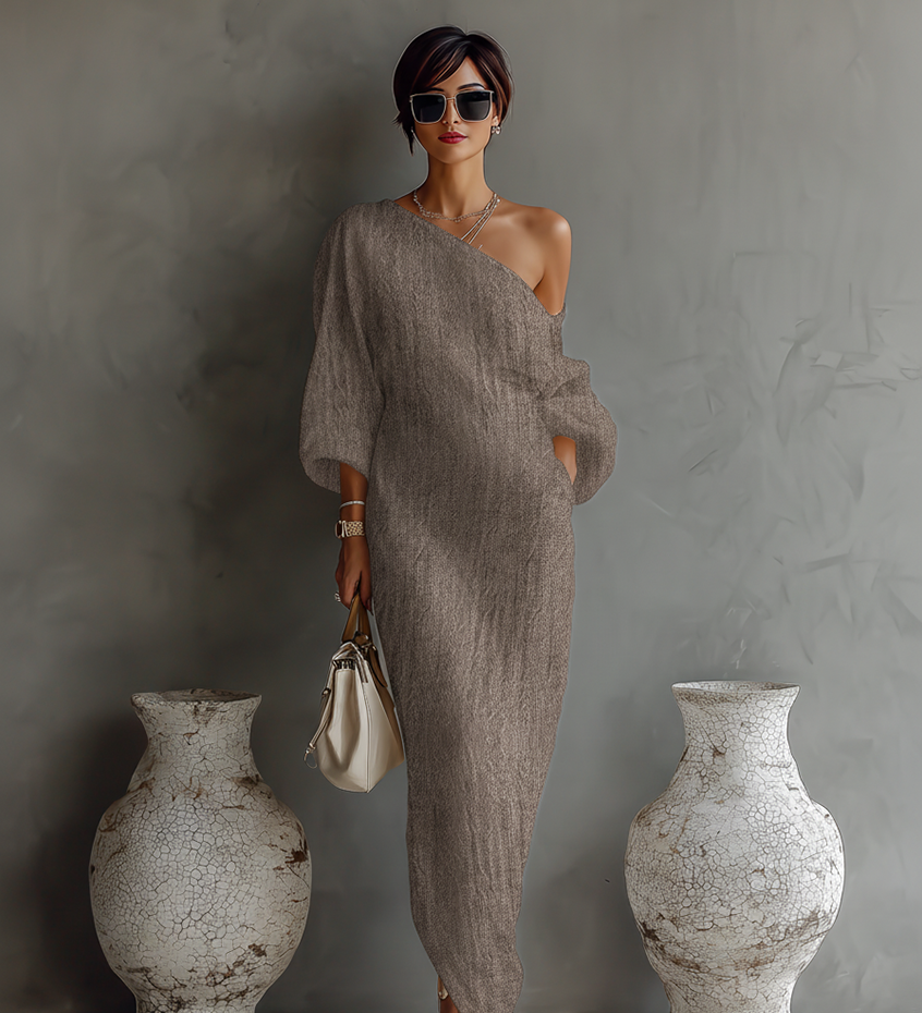 Ivory Linen Dress Off-Shoulder