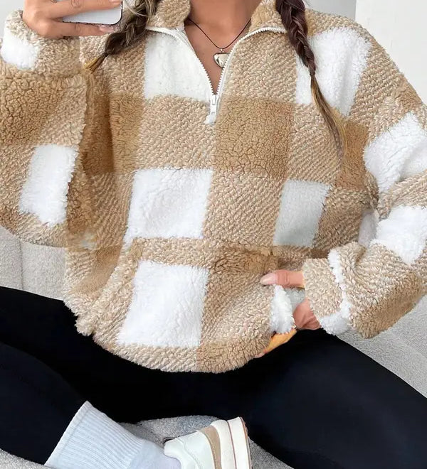 MALDA™ - Chic Plaid Print Half Zip Long Sleeve Sweater