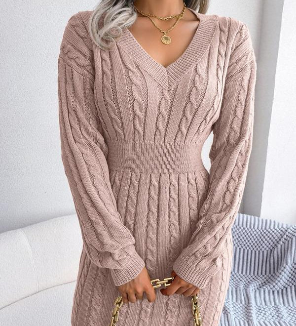 HOLLY™ - Cozy Long Sleeve V-Neck Cable Knit Sweater Dress