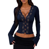 CECELIA™ – Contrast Lace Button-Front Tee Blouse