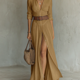 Linen Maxi Dress with Notched Collar and Long Sleeves