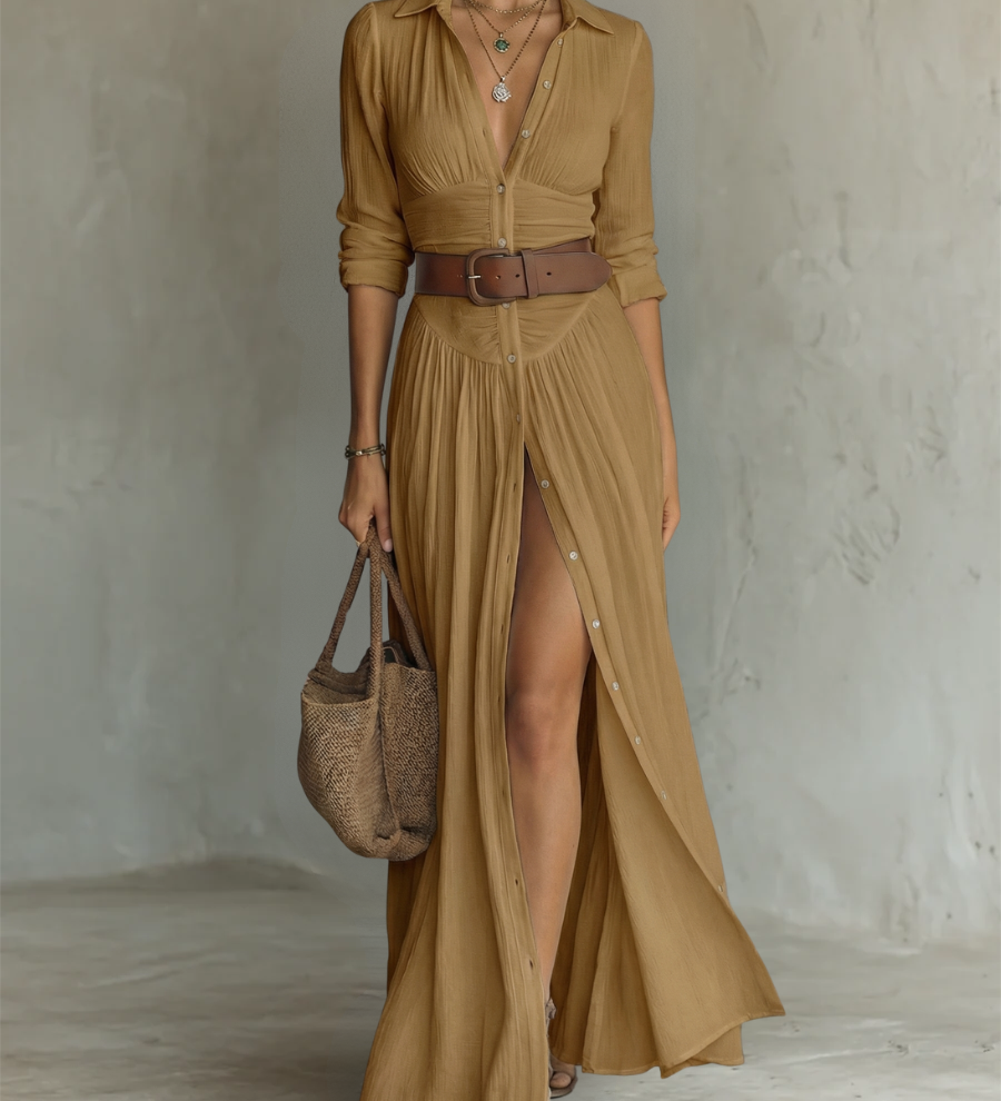 Linen Maxi Dress with Notched Collar and Long Sleeves