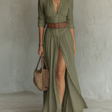 Linen Maxi Dress with Notched Collar and Long Sleeves