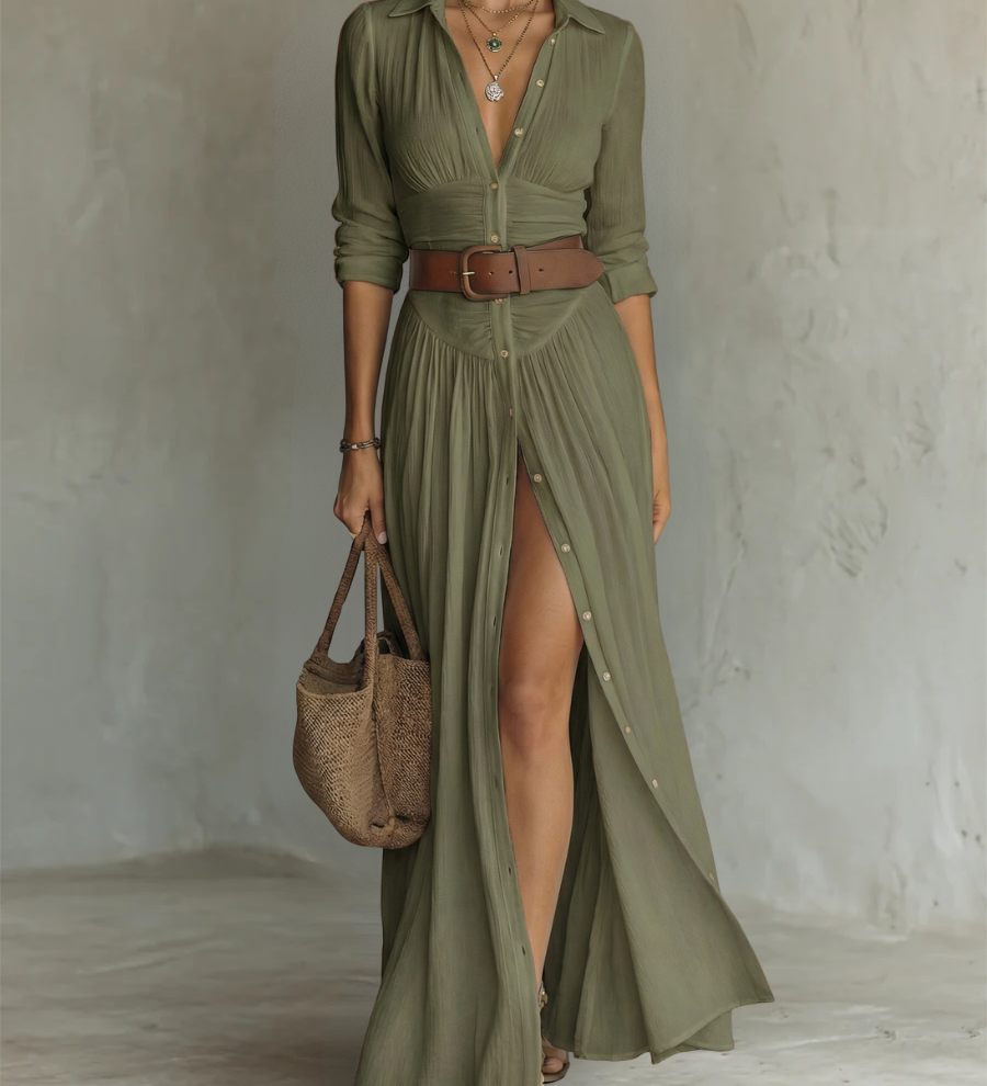 Linen Maxi Dress with Notched Collar and Long Sleeves