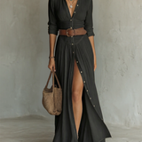 Linen Maxi Dress with Notched Collar and Long Sleeves