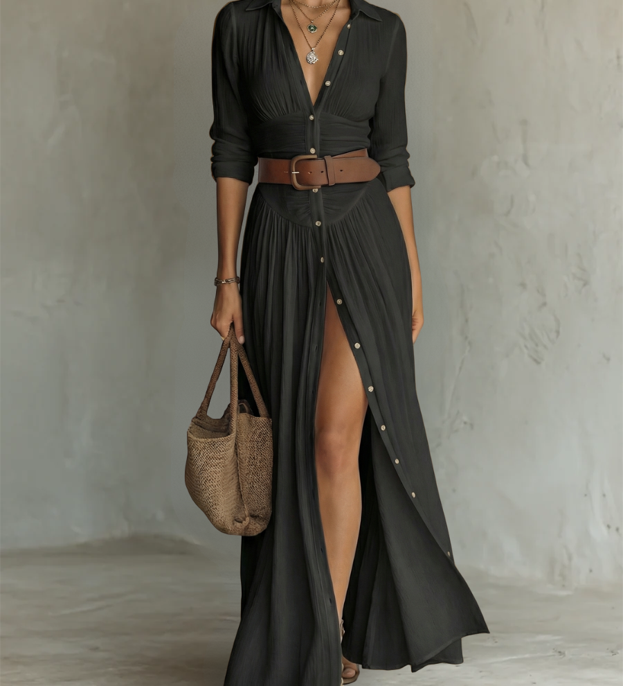 Linen Maxi Dress with Notched Collar and Long Sleeves