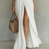 Linen Maxi Dress with Notched Collar and Long Sleeves