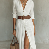 Linen Maxi Dress with Notched Collar and Long Sleeves