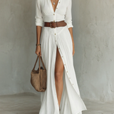 Linen Maxi Dress with Notched Collar and Long Sleeves