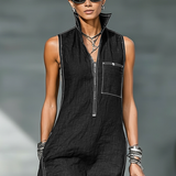 Sleeveless Overalls with White Hem