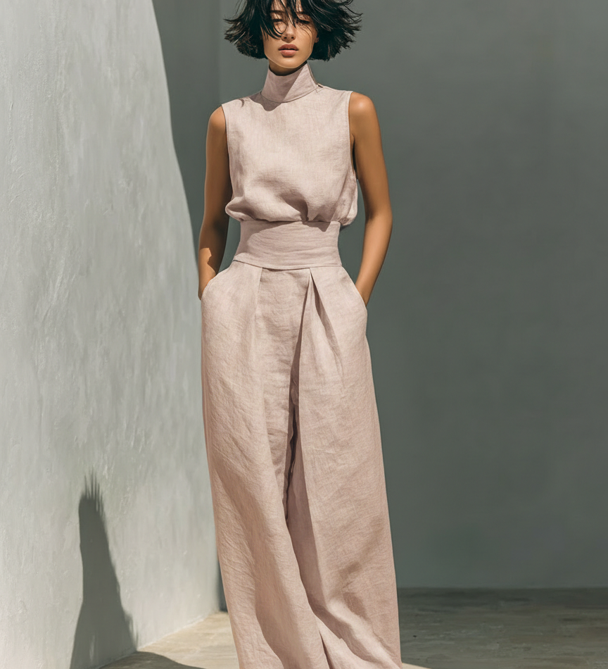 Set consisting of a sleeveless blouse and wide-leg trousers made from a cotton-linen blend.