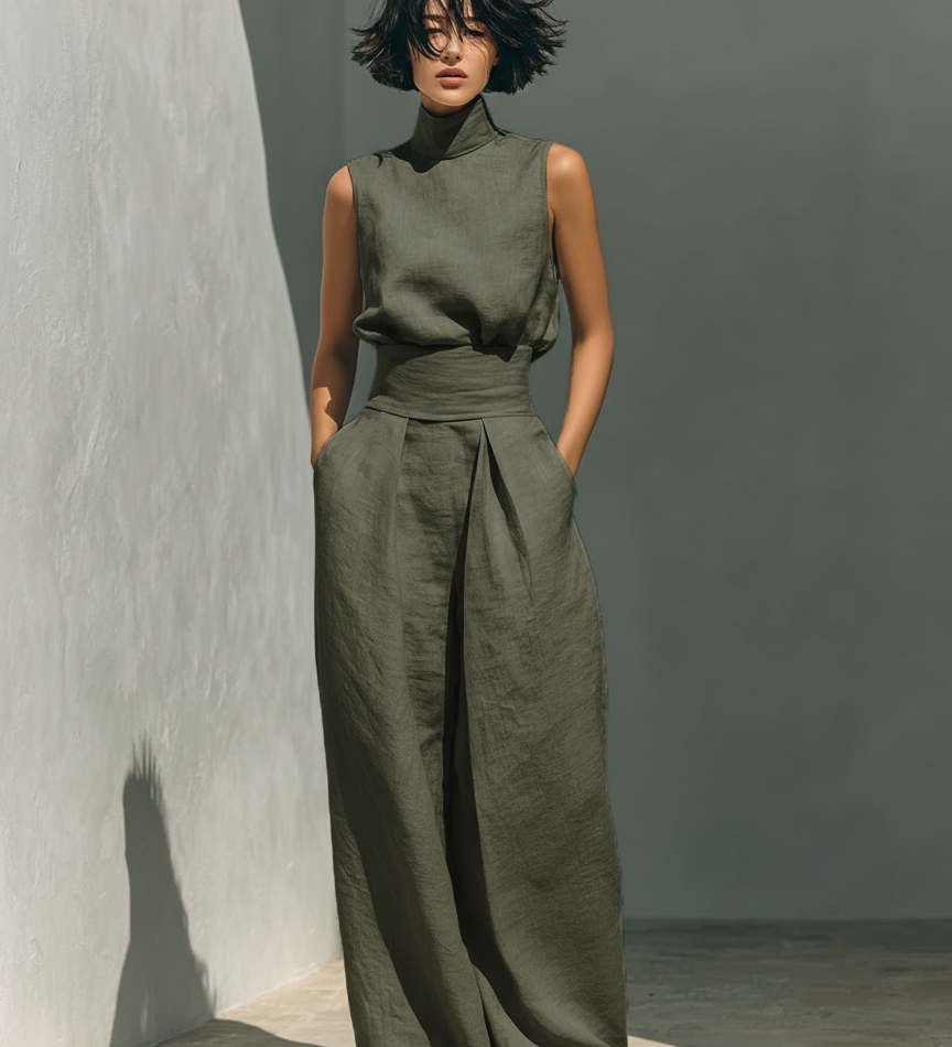 Set consisting of a sleeveless blouse and wide-leg trousers made from a cotton-linen blend.