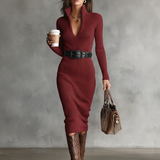 Midi Knit Dress V-Neck Slim Fit
