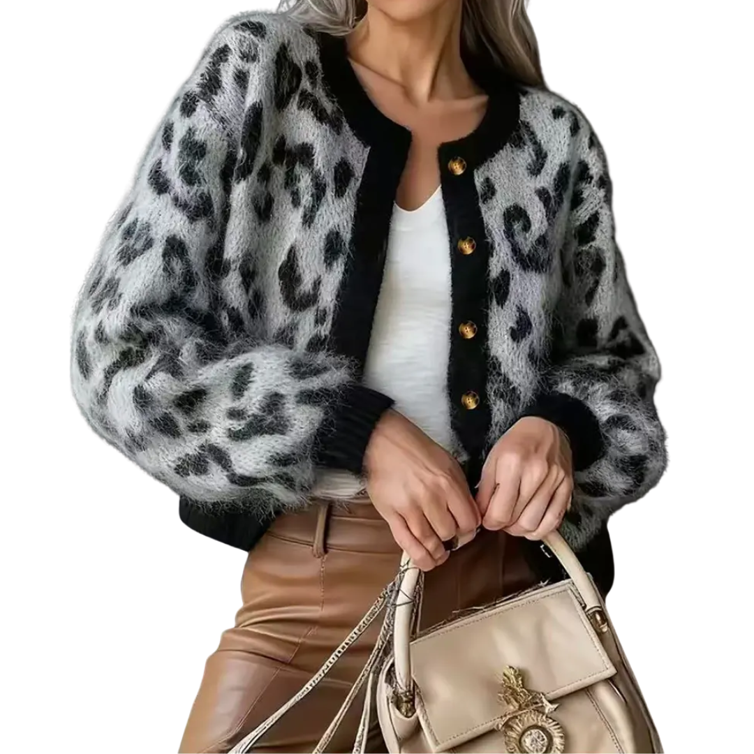 ZELENA™ – Vintage Leopard Colorblock Knit Cardigan